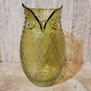 Vintage Art Glass Green Owl Pitcher or Vase Retro Honeycomb Glass
